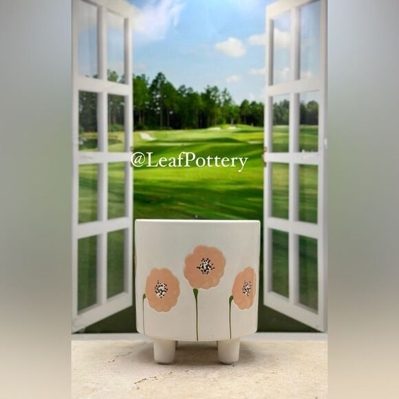 Peony Pink Flower White Ceramic Planter with Stud Legs Attached - Picture 1 of 10